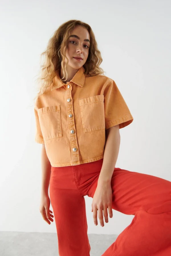 grande promotion Gina Tricot Short Sleeve Denim Shirt Washed Orange 1