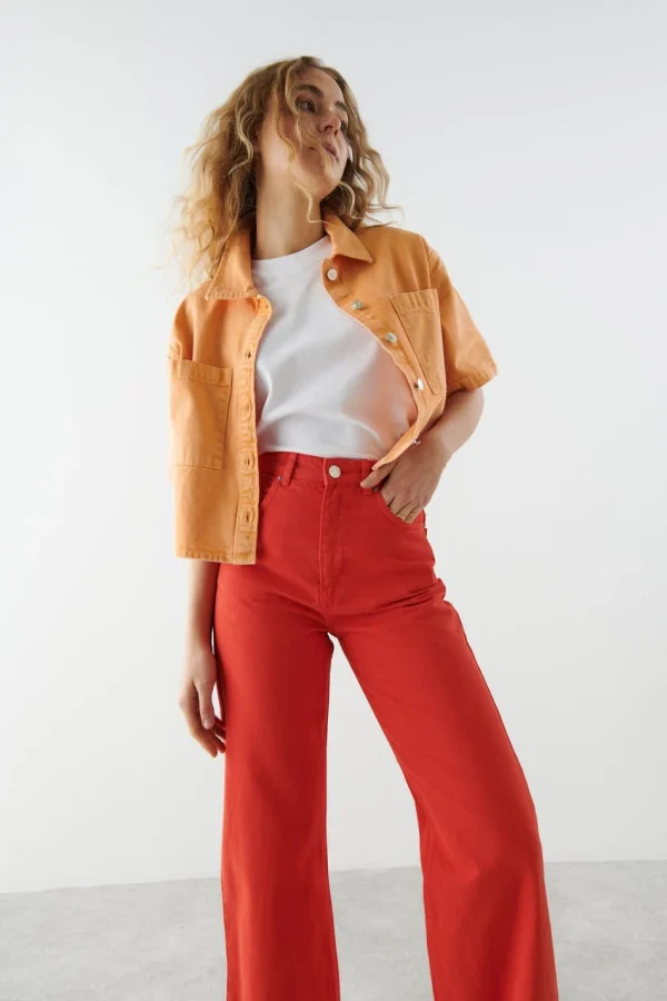 grande promotion Gina Tricot Short Sleeve Denim Shirt Washed Orange 3