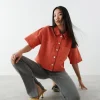 mode Gina Tricot Short Sleeve Denim Shirt Red Orange 10