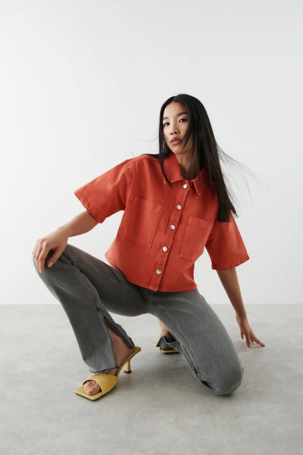 mode Gina Tricot Short Sleeve Denim Shirt Red Orange 1