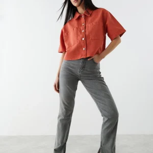mode Gina Tricot Short Sleeve Denim Shirt Red Orange 6