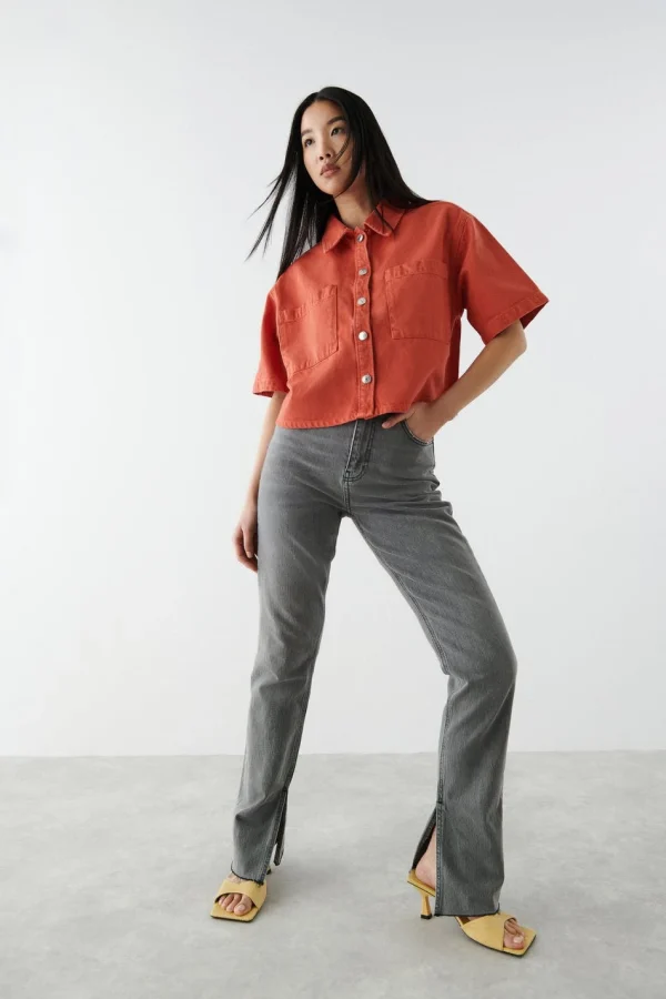 mode Gina Tricot Short Sleeve Denim Shirt Red Orange 3
